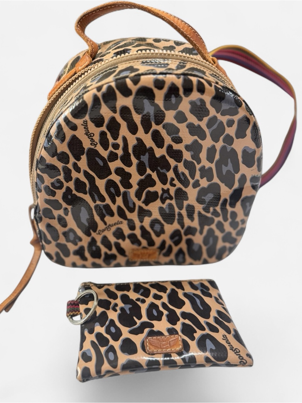 Consuela Leopard Print Mini Backpack with matching wallet Straps - Black Brown